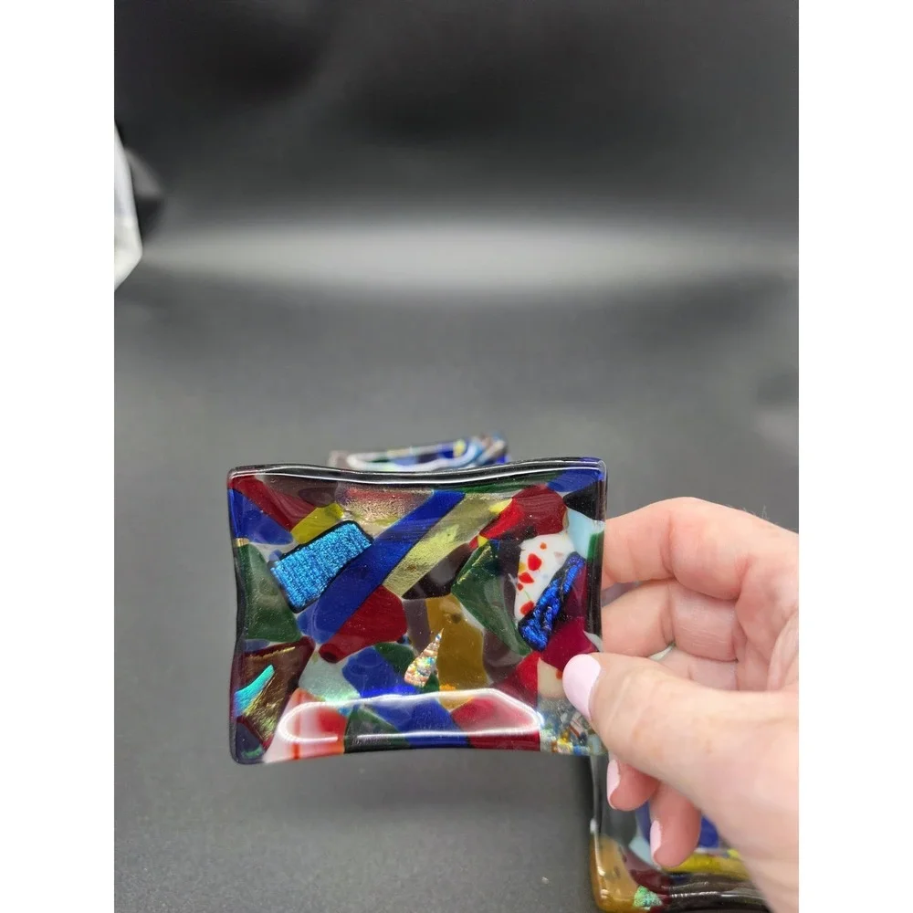 Set‎ Of 4 Frog Valley Fused Glass Dipping Dish Trinket/Ring Tray Signed Mosaic